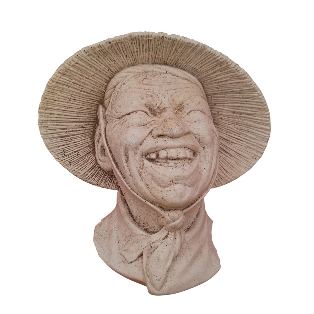 Vintage Laughing Man Wall Plaque Conical Hat Bust 7in Beige Folk Art Sculpture